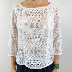 JOIE COTTON-BLEND EYELET LACE CROCHET TOP SZ M